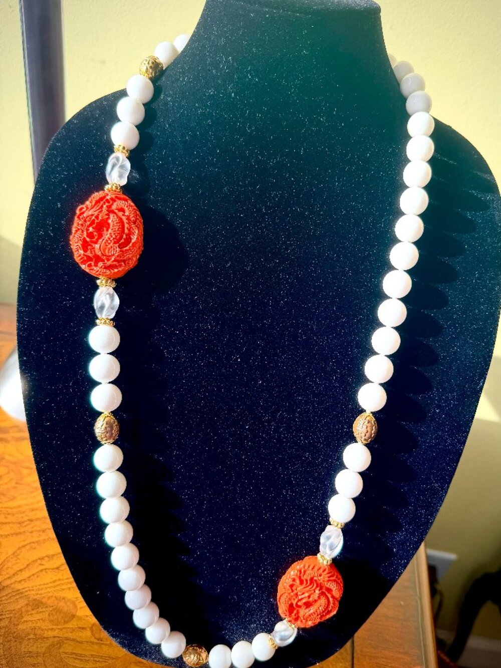 $ 350 Beaded Statement Necklace Carved Dragon Coral,White & Crystal beads